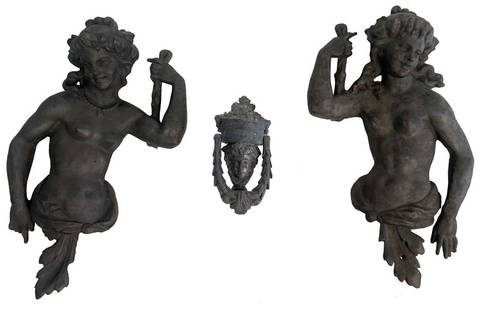 2 CAST IRON BAS RELIEF GARDEN WALL FIGURES & DOOR KNOCKER (FIGURES 21" X 13"): 2 CAST IRON BAS RELIEF GARDEN WALL FIGURES & DOOR KNOCKER (FIGURES 21" X 13")