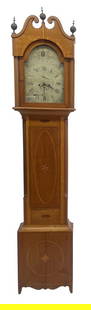 CHERRY INLAID TALL CASE CLOCK, WITH FLUTED QUARTER COLUMNS, NO WEIGHTS, IN A JERSEY STYLE (94" X 19": CHERRY INLAID TALL CASE CLOCK, WITH FLUTED QUARTER COLUMNS, NO WEIGHTS, IN A JERSEY STYLE (94" X 19" X 12 1/4" )