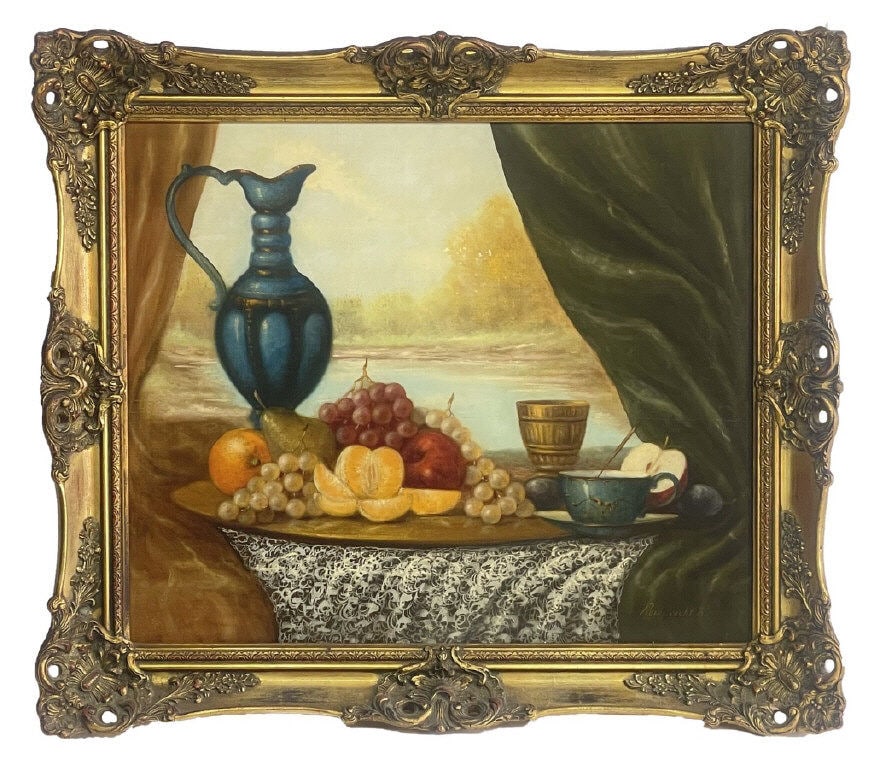 OIL / CANVAS SGND K. REINPRETH STILL LIFE W/ FRUIT 20 1/4" X 24 1/4" (1 of 4)