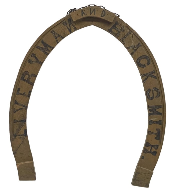 "LIVERYMAN & BLACKSMITH" HORSE SHOE SHAPED SIGN 35" X 41" OVERALL (1 of 4)