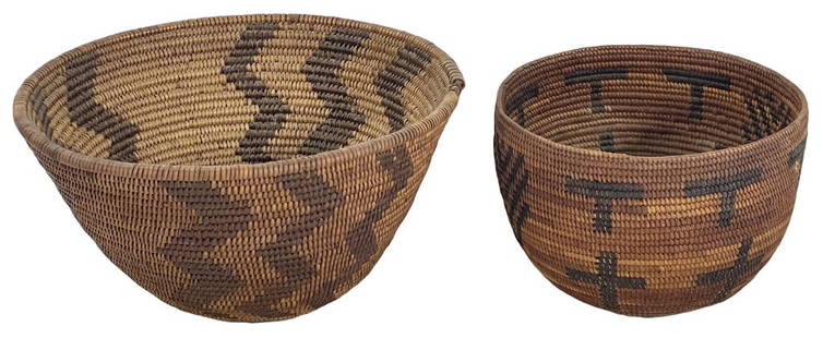 2- 19THC. NATIVE AMERICAN BASKETS, 1 CALIFORNIA MISSION & 1 PIMA OR APACHE, EXC. COND'T. & COLOR (6: 2- 19THC. NATIVE AMERICAN BASKETS, 1 CALIFORNIA MISSION & 1 PIMA OR APACHE, EXC. COND'T. & COLOR (6 1/4" & 4 1/2" DIAM