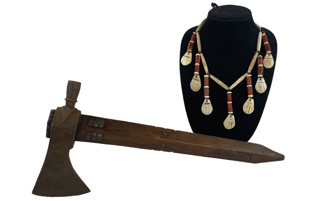 Cast Iron Trade Pipe Tomahawk & Trade Bead & Bone Hair Pipe Necklace
