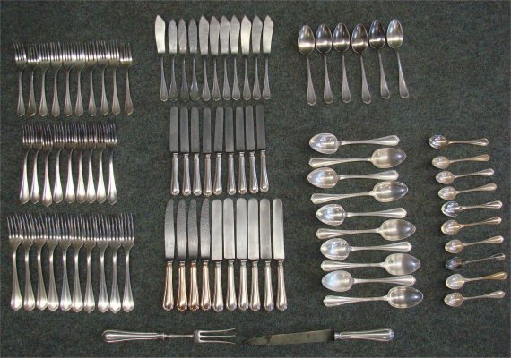 Partial Set Of Christofle Silver Plate Flatware: Partial Set Of Christofle Silver Plate Flatware Including: Nine 8" Table Knives, Ten 9 1/2" Table Knives, Eleven Fish Knives, Ten Dinner Forks, Nine Salad Forks, Ten Dessert Forks, Ten Teaspoons, Six 