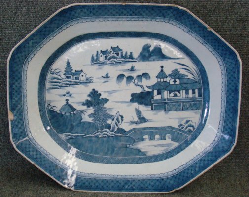 Blue & White 19" Canton Platter: Blue & White 19" Canton Platter, With Two Minor Chips