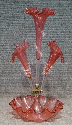Victorian Art Glass Epergne In Cranberry: Victorian Art Glass Epergne In Cranberry With Clear Trim