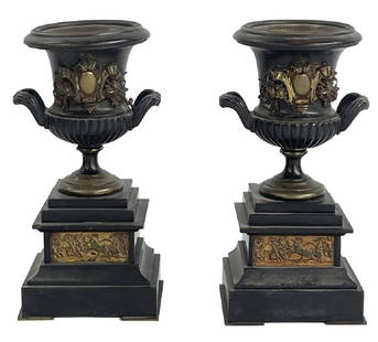 PAIR OF FRENCH GRAND TOUR URN GARNITURES ON BLACK MARBLE BASES  9 1/2" TALL: PAIR OF FRENCH GRAND TOUR URN GARNITURES ON BLACK MARBLE BASES 9 1/2" TALL