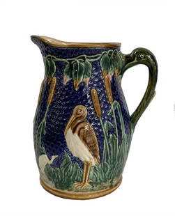 LARGE MAJOLICA CRANE PITCHER WITH FIGURAL HANDLE 11 3/4" TALL: LARGE MAJOLICA CRANE PITCHER WITH FIGURAL HANDLE 11 3/4" TALL