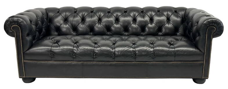 LEATHER CHESTERFIELD SOFA BY ETHAN ALLEN 28 1/2' TALL X 87" LONG X 37" DEEP , BLACK: LEATHER CHESTERFIELD SOFA BY ETHAN ALLEN 28 1/2' TALL X 87" LONG X 37" DEEP , BLACK