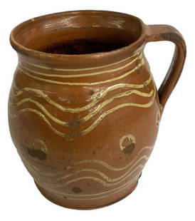 REDWARE SLIP DECORATED PITCHER (6" X 6 1/2"): REDWARE SLIP DECORATED PITCHER (6" X 6 1/2")