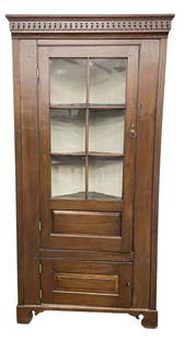 DIMINUTIVE 6 LIGHT GLAZED DOOR CORNER CUPBOARD LATE 19TH C. 69" TALL X 34" WIDE X 18" DEEP: DIMINUTIVE 6 LIGHT GLAZED DOOR CORNER CUPBOARD LATE 19TH C. 69" TALL X 34" WIDE X 18" DEEP