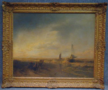 O/C "Unloading The Catch" Shoreline Herman Herzog: Oil On Canvas "Unloading The Catch" Shoreline Seascape C.1885 Signed Herman Herzog, 27" X 34" (Descended In One Family, Fresh & Untouched Condition)