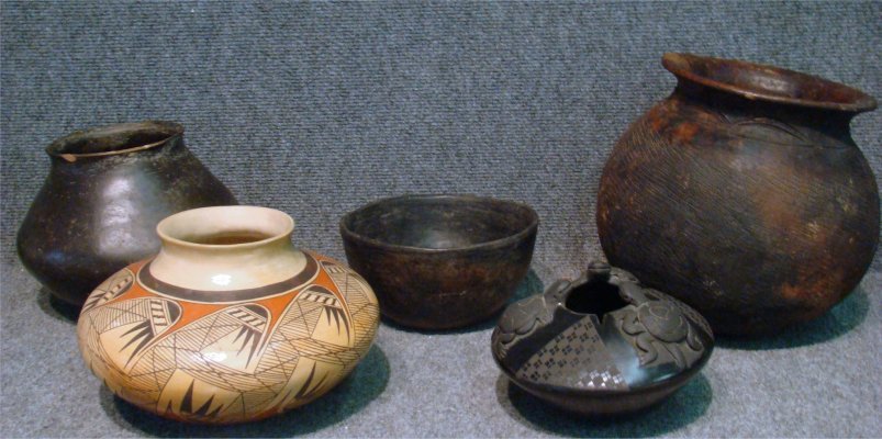 Five Pieces Of Native American Pottery, two signed: Five Pieces Of Native American Pottery, One Signed Elton Nampeyo and another signed Jose Quezada