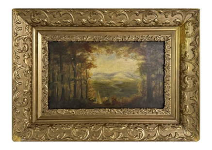 LATE 18THC. OIL/ BOARD "MOUNTAIN VISTA" UNSIGNED 9" X 15": LATE 18THC. OIL/ BOARD "MOUNTAIN VISTA" UNSIGNED 9" X 15"