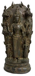 LATE 19TH C. JAVA BRONZE MAHA BODHISATTVA THE BUDDHA AMITABHA SURROUNDED BY BUDDHAS 13" X 6": LATE 19TH C. JAVA BRONZE MAHA BODHISATTVA THE BUDDHA AMITABHA SURROUNDED BY BUDDHAS 13" X 6"