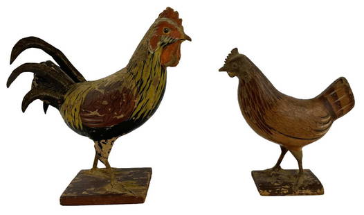 ROOSTER & HEN FOLK ART CARVINGS IN PAINT ROOSTER 8" TALL  HEN 6 1/4" TALL: ROOSTER & HEN FOLK ART CARVINGS IN PAINT ROOSTER 8" TALL HEN 6 1/4" TALL