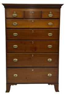 RED GUM TALL CHEST, ORIGINAL BRASS & HEPPLEWHITE FLARING FEET  (65 1/2" TALL X 40" WIDE: RED GUM TALL CHEST, ORIGINAL BRASS & HEPPLEWHITE FLARING FEET (65 1/2" TALL X 40" WIDE