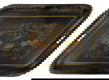 19THC. TOLEWARE TRAY, EAGLE & CORNUCOPIA DESIGN 20 1/4" x 28": 19THC. TOLEWARE TRAY, EAGLE & CORNUCOPIA DESIGN 20 1/4" x 28"