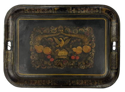 19THC. TOLEWARE TRAY, EAGLE & CORNUCOPIA DESIGN 20 1/4" x 28": 19THC. TOLEWARE TRAY, EAGLE & CORNUCOPIA DESIGN 20 1/4" x 28"