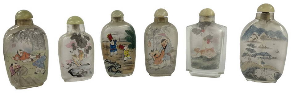 6 REVERSE PAINTED  ORIENTAL SNUFF BOTTLES TALLEST 3 1/4" TALL: 6 REVERSE PAINTED ORIENTAL SNUFF BOTTLES TALLEST 3 1/4" TALL