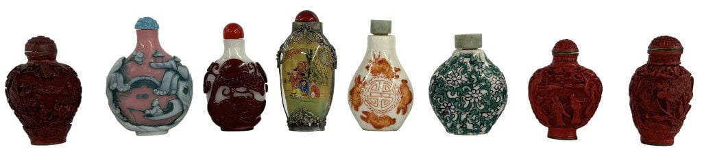 8 SNUFF BOTTLES INC. PEKING GLASS & CINNABAR TALLEST 2 3/4" TALL: 8 SNUFF BOTTLES INC. PEKING GLASS & CINNABAR TALLEST 2 3/4" TALL