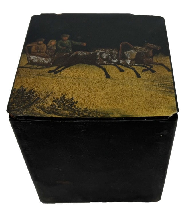 RUSSIAN LAQUER BOX, DATED 1872 4 3/8" X 3 3/4" X 3 7/8" (1 of 6)