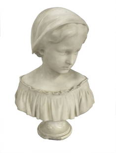 ERASTUS DOW PALMER MARBLE BUST OF A PEASANT GIRL SIGNED PALMER SC. '71, 19" TALL: ERASTUS DOW PALMER MARBLE BUST OF A PEASANT GIRL SIGNED PALMER SC. '71, 19" TALL