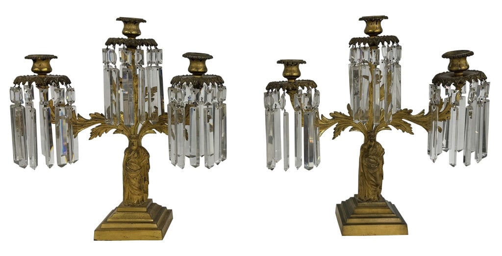 PAIR OF FIRE GILDED CLASSICAL GIRONDOLES W/ PRISMS ORIG. GILT & PRISMS (16 1/2" X 15 1/2"): PAIR OF FIRE GILDED CLASSICAL GIRONDOLES W/ PRISMS ORIG. GILT & PRISMS (16 1/2" X 15 1/2")