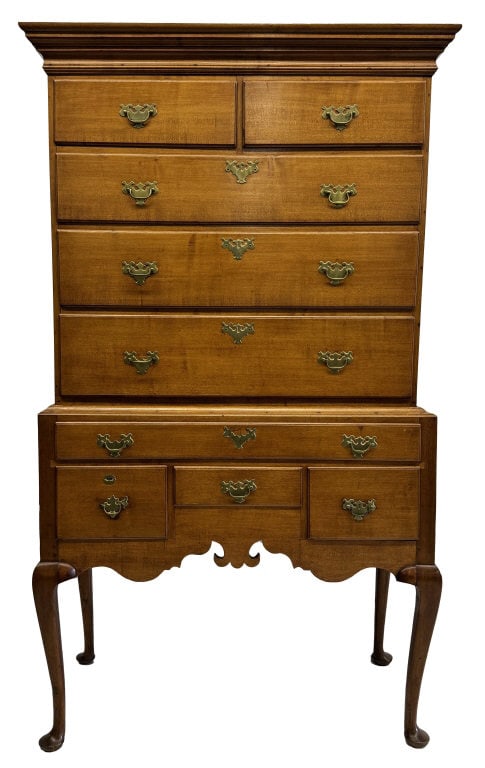 18THC. MAPLE QUEEN ANNE RHODE ISLAND HIGHBOY IN 2 PARTS, 40" WIDE (1 of 7)