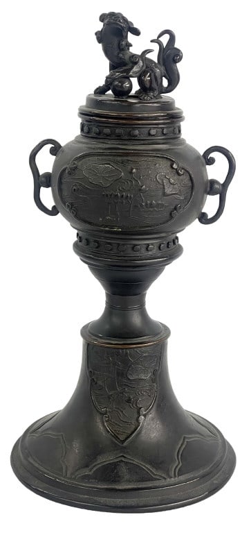 MEIJI PERIOD BRONZE CENSER, FOO DOG FINIAL 9 3/4" TALL (1 of 6)