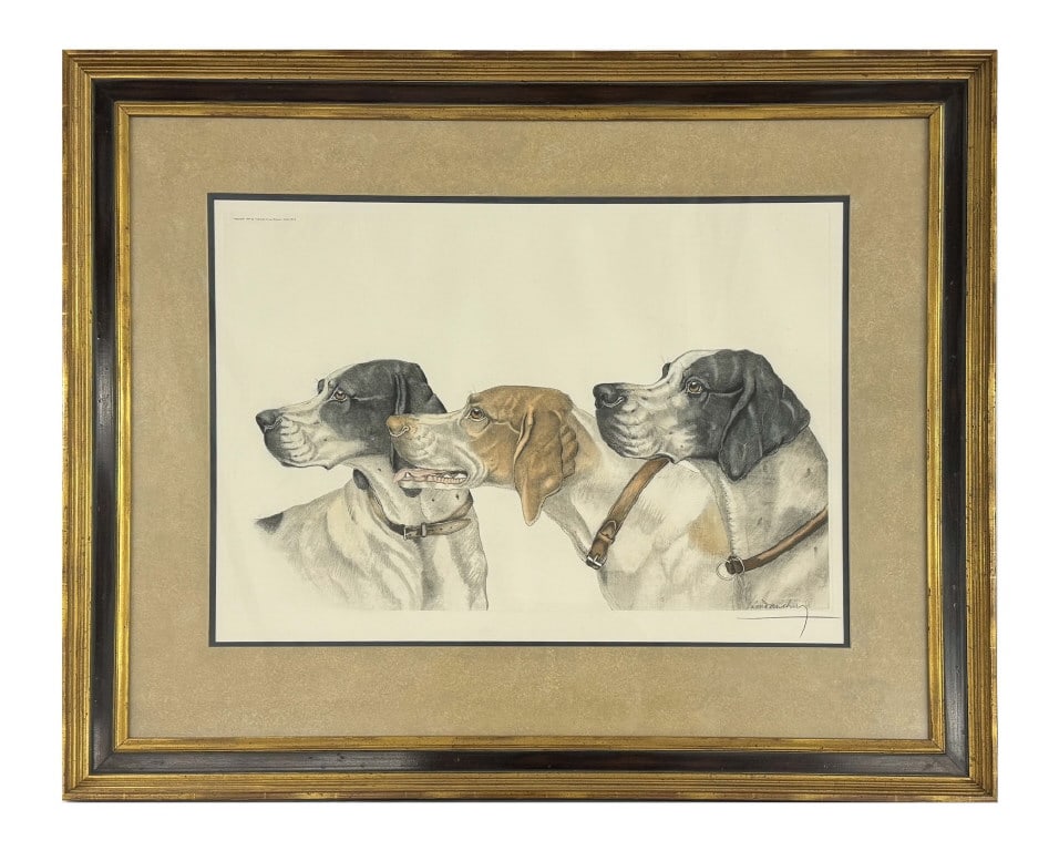 LEON DANCHIN (1887-1938) FRENCH "TROIS CHIENS" PRINT IN COLORS (20 1/2" X 28 3/4" SITE SIZE): LEON DANCHIN (1887-1938) FRENCH "TROIS CHIENS" PRINT IN COLORS (20 1/2" X 28 3/4" SITE SIZE)