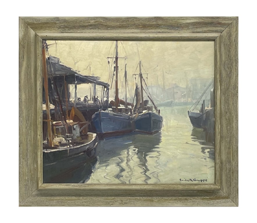 EMILE GRUPPE "FOGGY DAY GLOUCESTER, MASS."  O/C TITLED ON STRETCHER 20" X 24" (1 of 4)