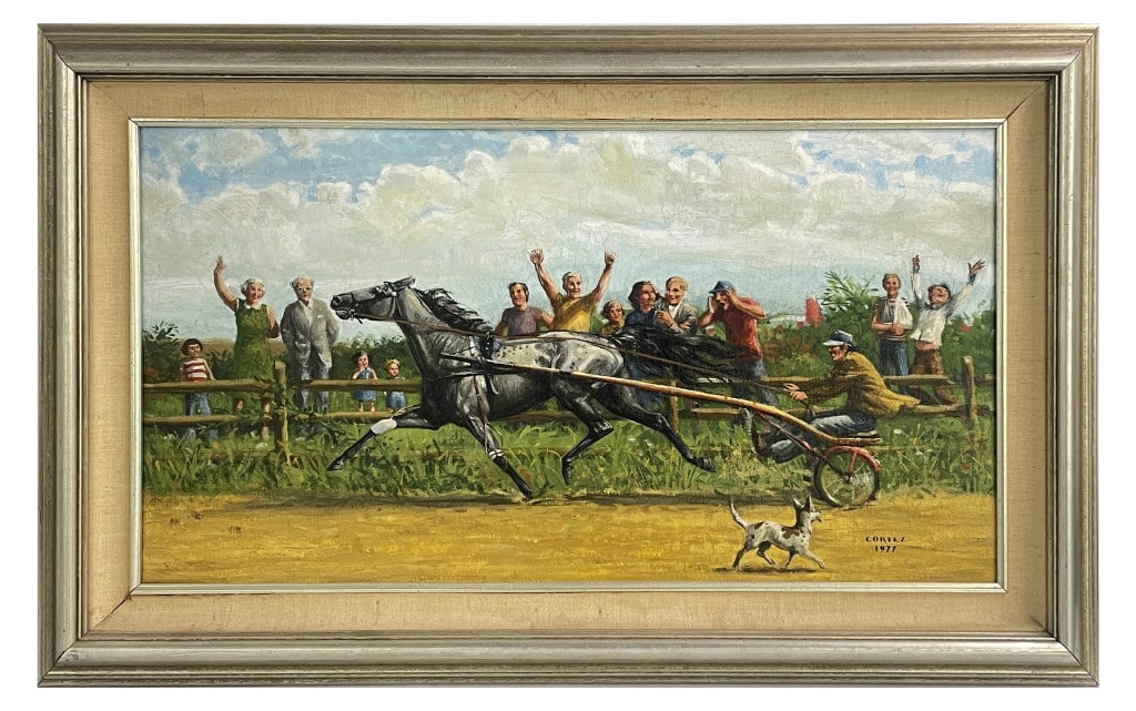 TROTTING DOWN THE STRETCH" JENNES CORTEZ, 1977 OIL / CANVAS 13 1/2" X 36 (1 of 8)