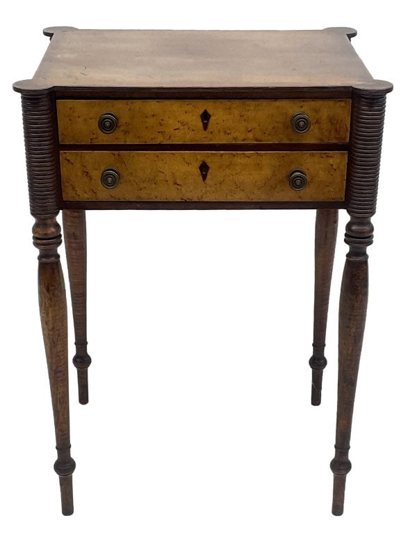 TIGER MAPLE FEDERAL PERIOD 2 DRAWER STAND, MAHOG. TOP, ORIG. SURFACE LIVERANT PROVENANCE 28" X 20 (1 of 6)
