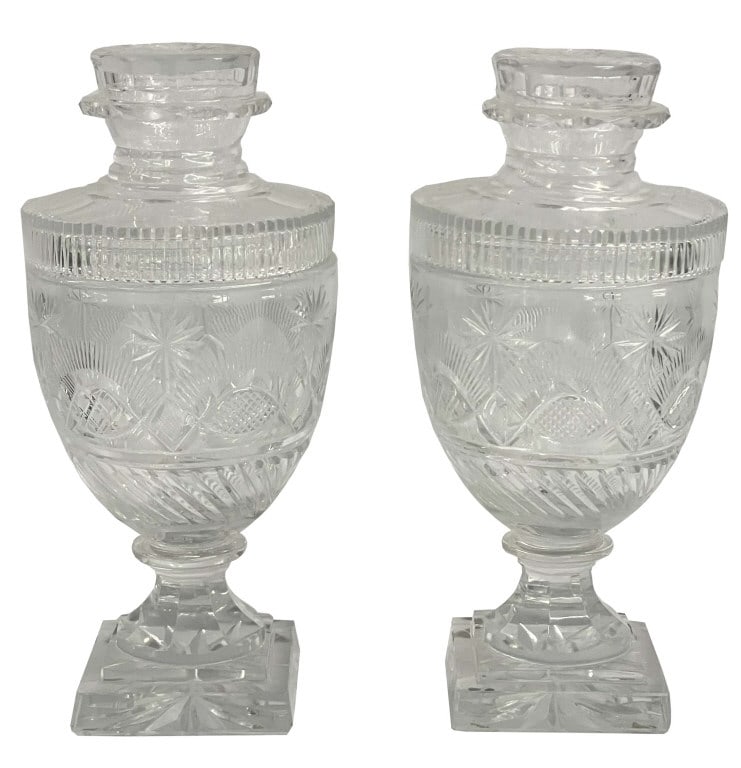 PR OF CRYSTAL SWEET MEAT JARS WITH LIDS, PROB. PITTSBURGH  10 1/2" X 5" (1 of 3)