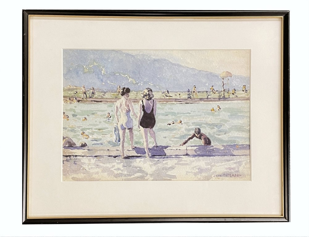 JANE PETERSON, WATERCOLOR " AT THE POOL" 10" X 14": JANE PETERSON, WATERCOLOR " AT THE POOL" 10" X 14"