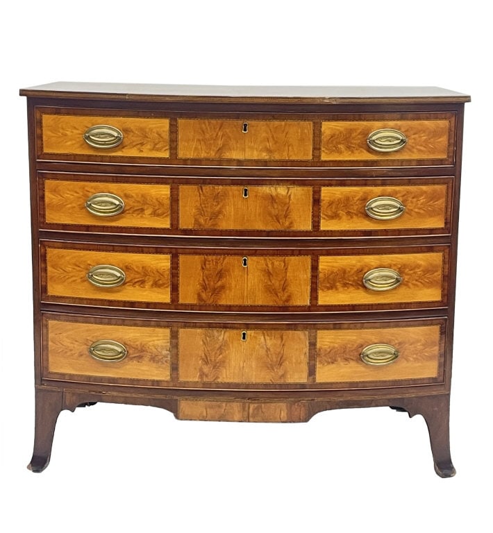 PORTSMOUTH MAHOGANY BOW FRONT CHEST OF DRAWERS 13 SATINWOOD PANELS, C.1790 35" X 39 1/4" X 22 1/2" (1 of 9)