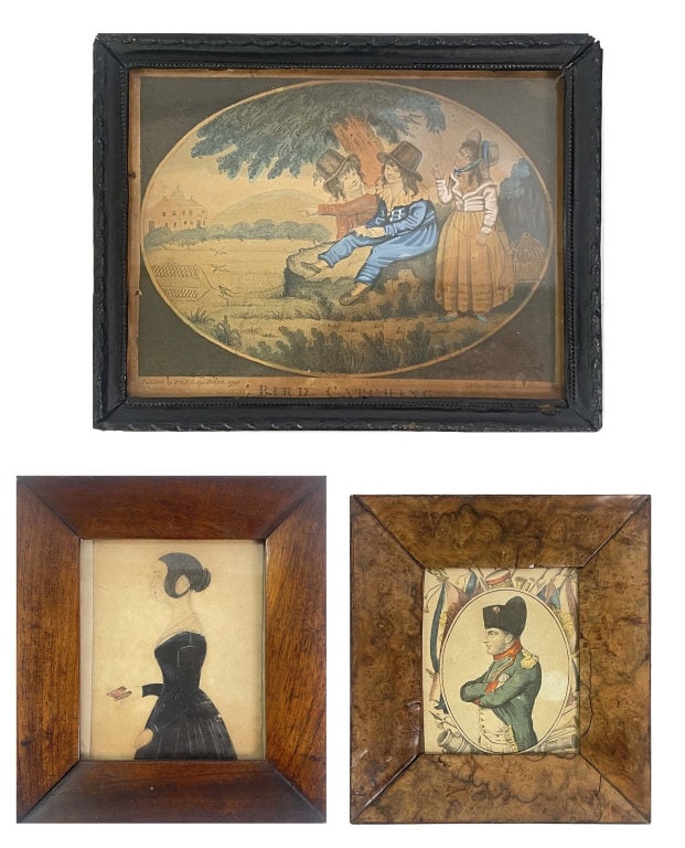 3 FRAMED WORKS INC. EARLY ENGLISH W/C PROFILE, HAND COLORED NAPOLEON & "BIRD CATCHING" 1798 (1 of 8)