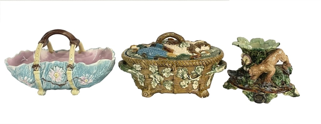 FRENCH MAJOLICA SMOKING STAND,TUREEN & BASKET BOWL: FRENCH MAJOLICA SMOKING STAND,TUREEN & BASKET BOWL