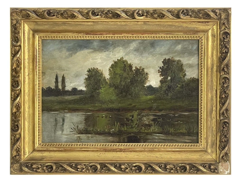 OIL/CANVAS, RHODE ISLAND LABEL CHAS. G. CALDER, PROVIDENCE C. 1890 LANDSCAPE  7 3/4" X 11 3/4" (1 of 4)