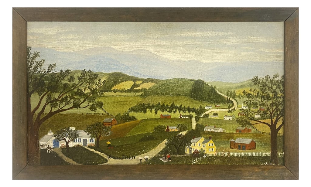 OIL/BOARD, WINONA FISHER "HILL ROAD" GRANDMA MOSES DAUGHTER, 1945  12" X 21" (1 of 7)