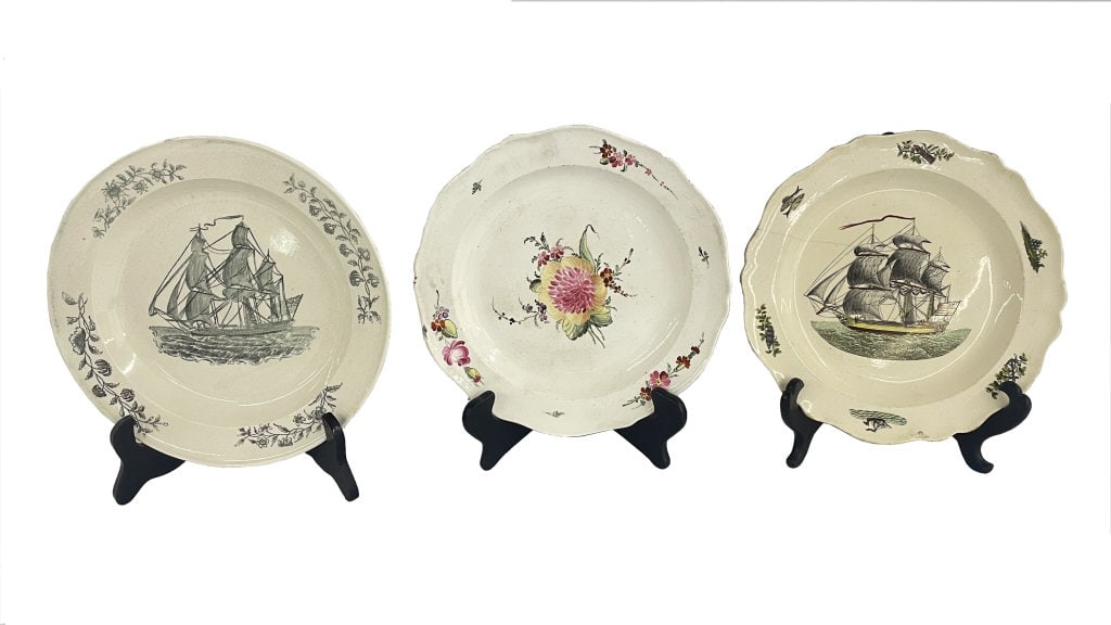 3- 18THC. CREAMWARE PLATES, 2 PROB. HERCULENEUM WITH SHIP & 1 HAND PAINTED FLORAL (1 of 9)