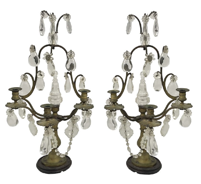 PR OF 3 LIGHT CANDELABRAS WITH ROCK CRYSTAL PRISMS 29" X 15" WIDE (1 of 4)