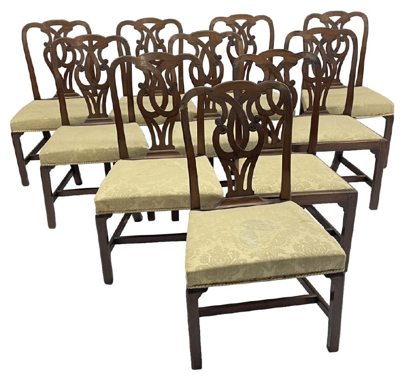 10 - 19THC. ENGLISH WALNUT DINING CHAIRS 37" TALL X 22" WIDE X 16 1/2" DEEP (1 W/ CREST DAMAGE) (1 of 6)