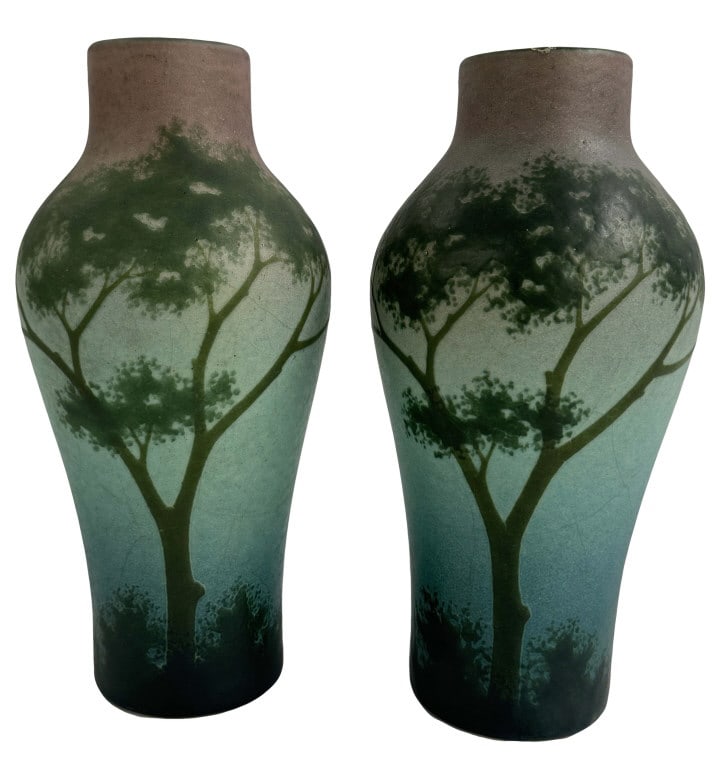 PR OF ART POTTERY VASES SGND VERLAINE NANCY WITH TREE DECORATION, MINOR CRAZING 10 1/2" X 5" (1 of 10)