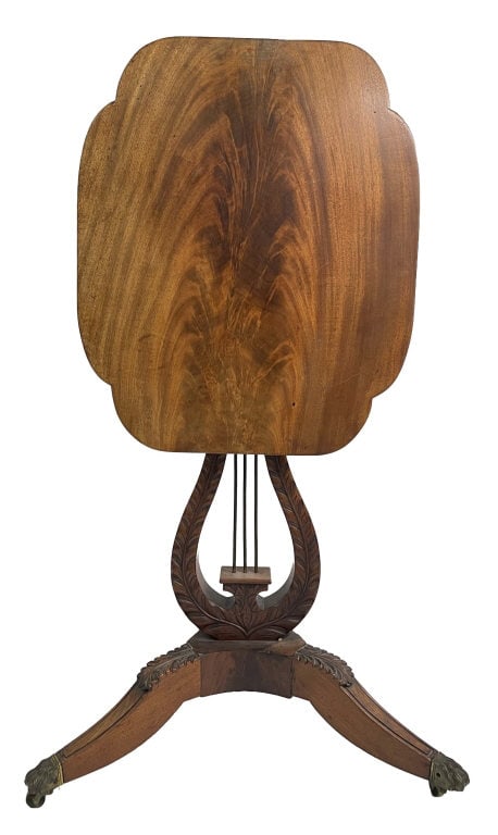FEDERAL LYRE BACK TILT TOP NEW YORK CANDLESTAND SCHOOL OF DUNCAN PHYFE 28 1/2" X 22" X 18": FEDERAL LYRE BACK TILT TOP NEW YORK CANDLESTAND SCHOOL OF DUNCAN PHYFE 28 1/2" X 22" X 18"