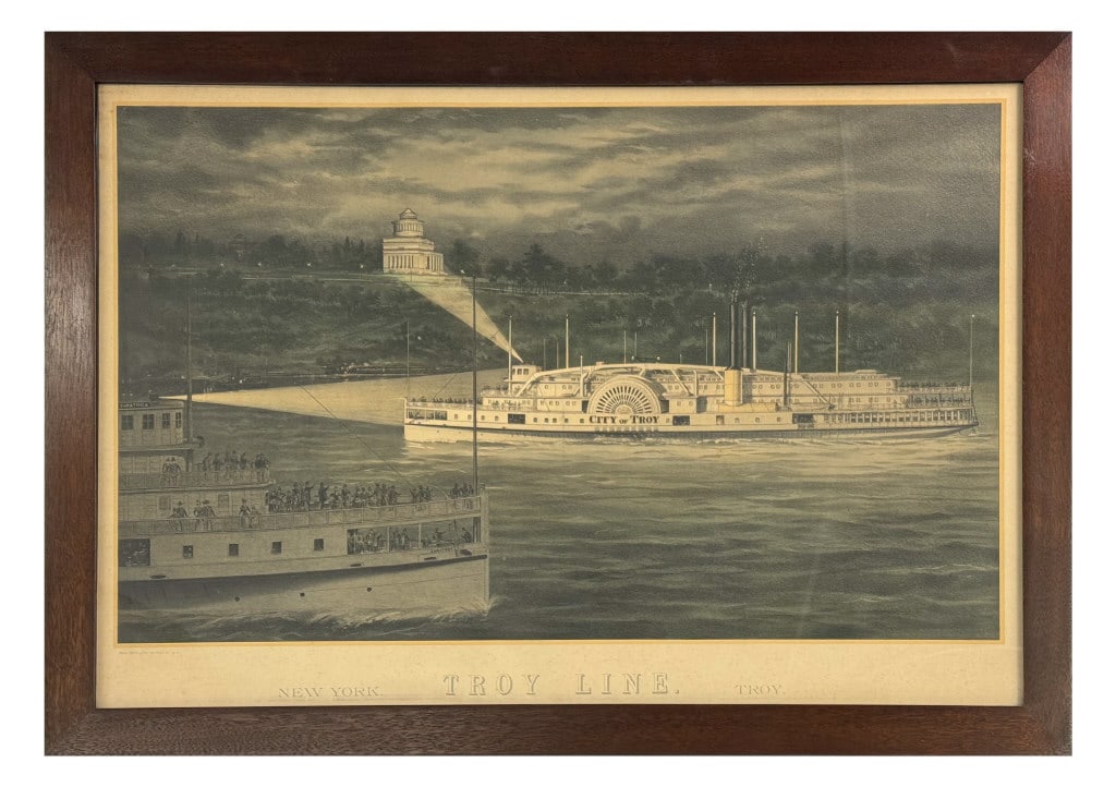 19THC. LITHOGRAPH OF SIDE WHEELER "CITY OF TROY" ILLUMINATING GRANTS TOMB, PASSING THE PADDLE BOAT (1 of 8)