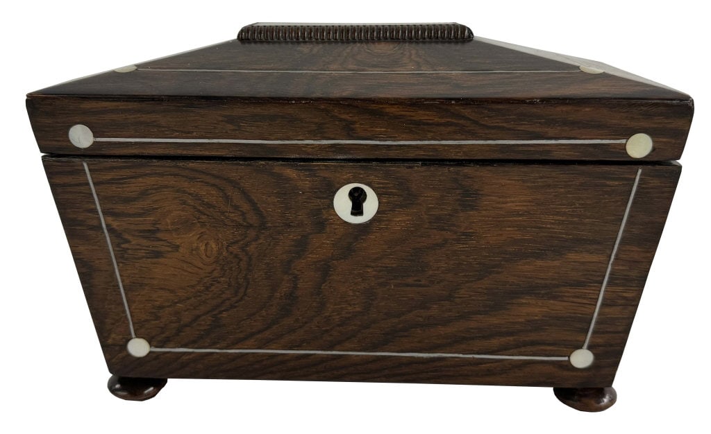 REGENCY PERIOD MOTHER OF PEARL INLAID TEA CADDY DOUBLE BIN 6" X 9" X 5": REGENCY PERIOD MOTHER OF PEARL INLAID TEA CADDY DOUBLE BIN 6" X 9" X 5"