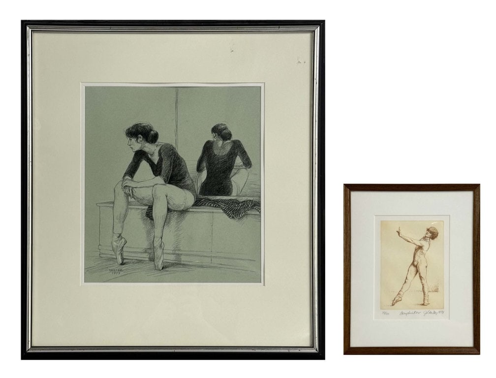 JENNES CORTEZ, 1979 CHARCOAL OF A BALLERINA & ENGRAVING OF BARISHNIKOV 15" X 13 1/2": JENNES CORTEZ, 1979 CHARCOAL OF A BALLERINA & ENGRAVING OF BARISHNIKOV 15" X 13 1/2"