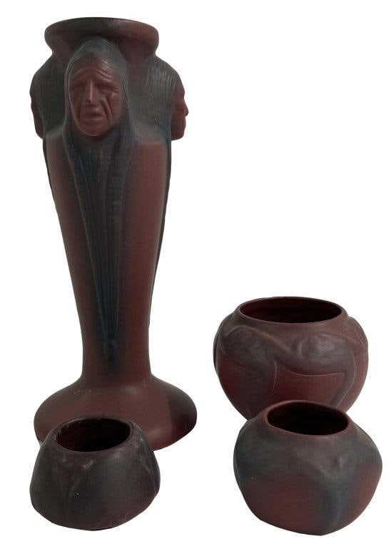4 PCS. VAN BRIGGLE, COLORADO SPRINGS ART POTTERY INC. ONE WITH NATIVE AMERICAN MOTIF 12" X 5 1/4" (1 of 10)