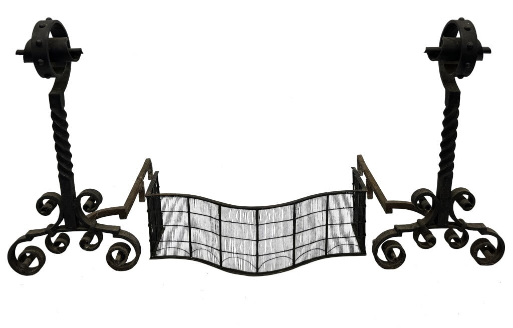 PR OF OVERSIZED ARTS & CRAFTS ANDIRONS & FENDER 33" WIDE WIRE & BRASS FENDER & ANDIRONS 36" T X 35 (1 of 7)